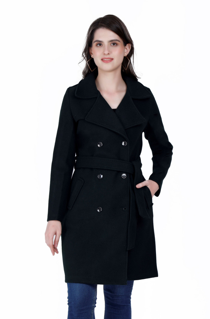 A cropped image of a woman wearing a Bottle Green Long Coat with a lapel collar and matching belt designed for formal and casual winter layering and comfort.